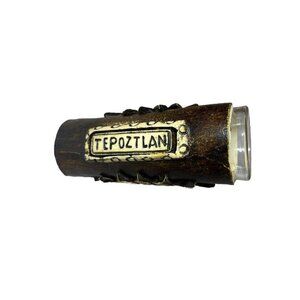 Aztec Mayan Calendar Tepoztlan Bud Vase, Ceramic Wrapped Glass 4” Tall